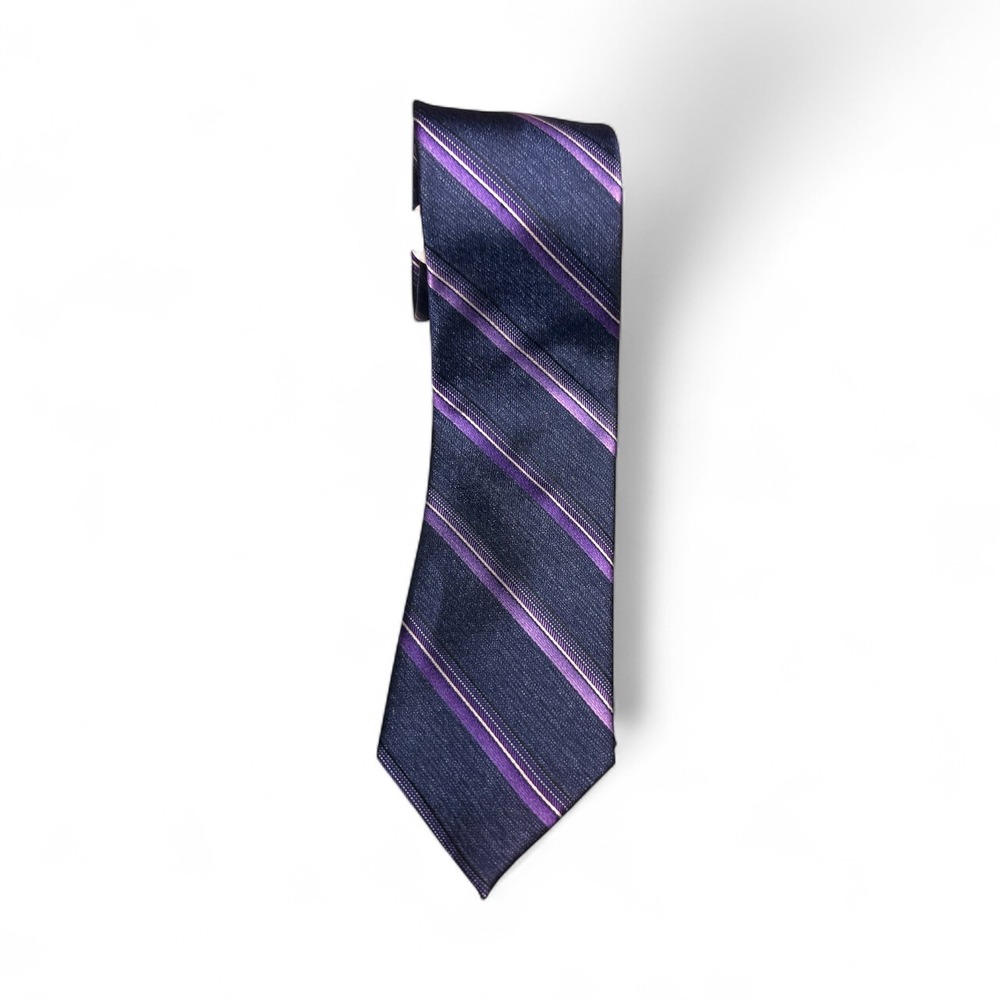 Pronto Uomo Platinum Purple Navy Striped 100% Silk Tie Mens Techno Care MSRP $60